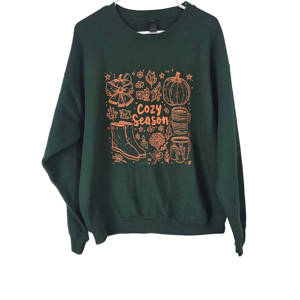Gildan Heavy Blend Cozy Season Sweatshirt Fall Green Orange Pullover L Womens